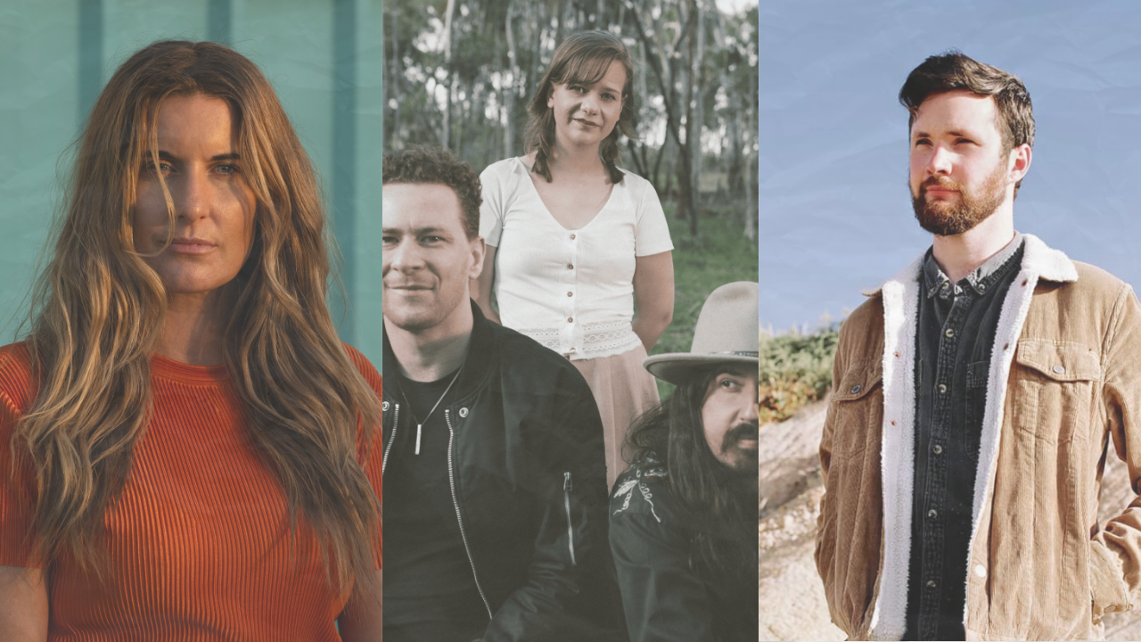 Musicians Laura Hill, Mark Curtis & The Flanellettes, and Ryan Martin John in a split-screen promo poster for the Semaphore Music Festival lineup.